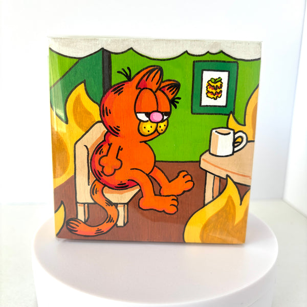 Garfield "This Is Fine" Original Wood Block Panel Acrylic Painting Desk Art
